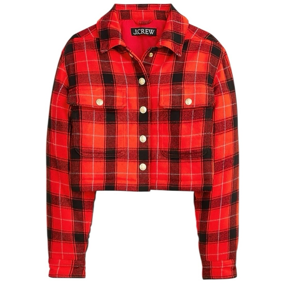 J. Crew Cropped Puffer Jacket in Buffalo Check‎ Vibrant Flame Size XXL